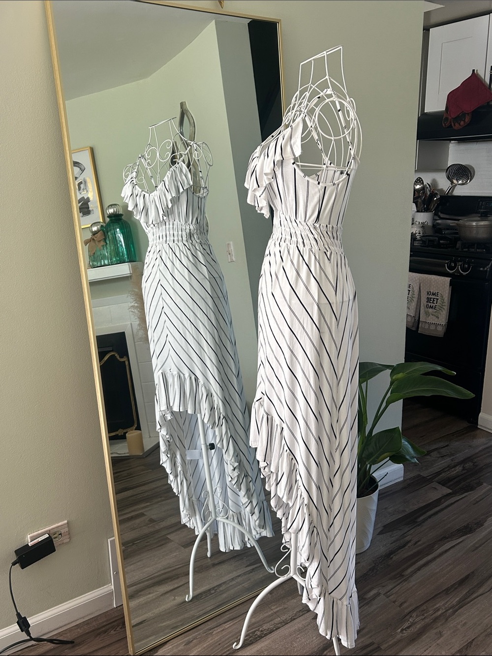 Express White and Black Striped High-Low Ruffle Maxi Dress